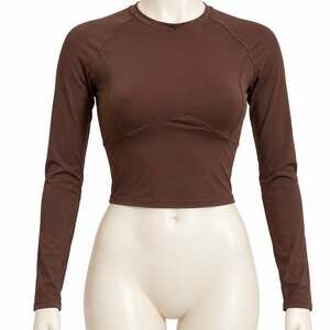 Qinsen Women Crop Top Size XS Brown Long Sleeve Crew Neck Stretch Athletic NWT